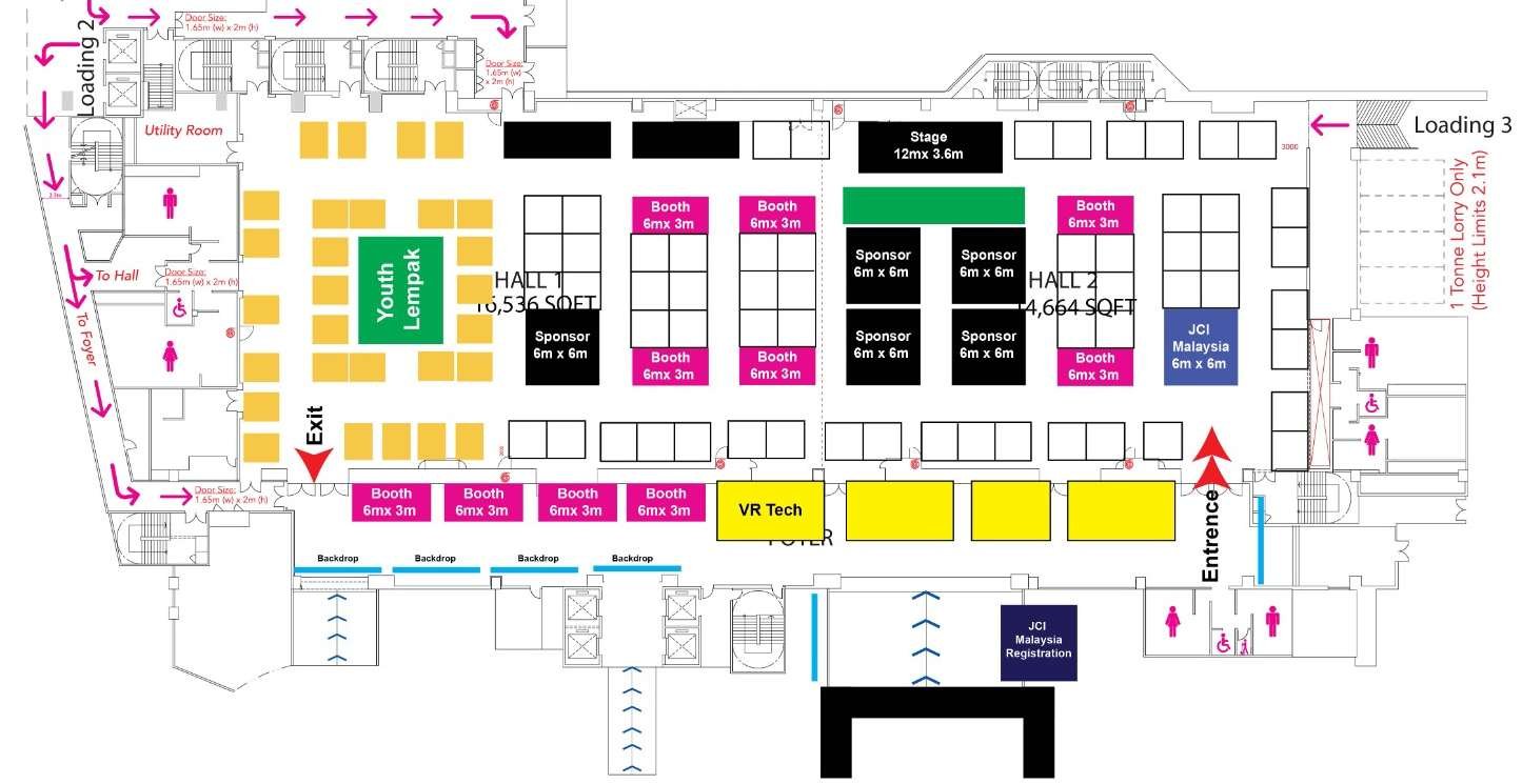Exhibition floor plan showing Hall 1 and Hall 2, sponsor booths, 6m by 3m booths, the stage and the Youth Lepak area